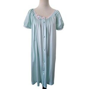 Vtg Vandemere Mint Green Button Front Nightgown Lace Floral Puff Sleeve S Nylon